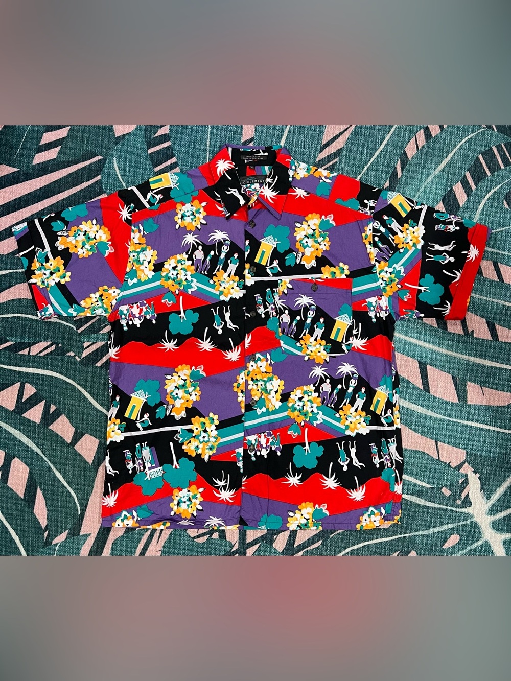 Vintage Basic Elements AOP Villagers Tropical Aloha Pocketed Button Up Shirt